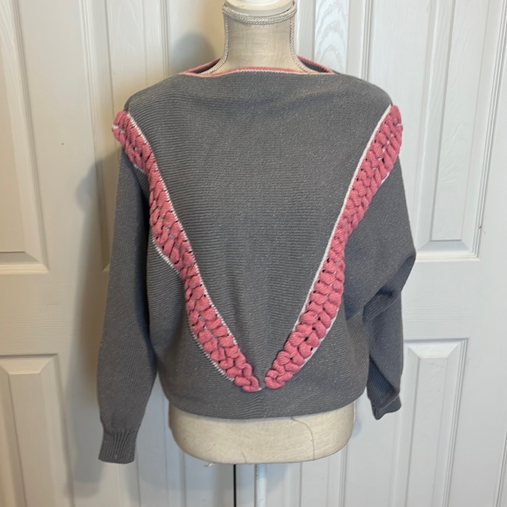 Vintage 80’s Sweater- Gray & Pink by Jodie Raymond Originals / Size Medium
